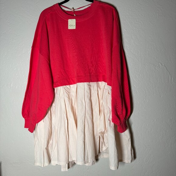 FREE PEOPLE Eleanor Slouchy Watermelon Wedge Combo Sweatshirt Dress Size L NWT - Picture 3 of 7